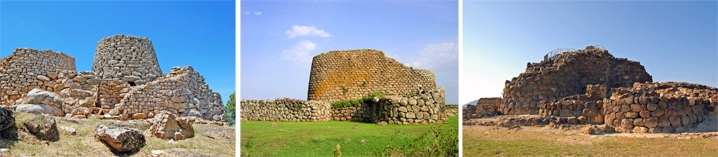 A three-panel collage showcasing different Nuraghi, ancient megalithic stone structures found in Sardinia