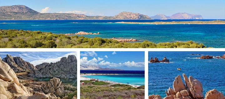 A collage of four photos showcasing the scenic coastline of Sardinia, Italy