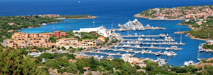 Aerial panoramic view of Porto Cervo marina in Costa Smeralda