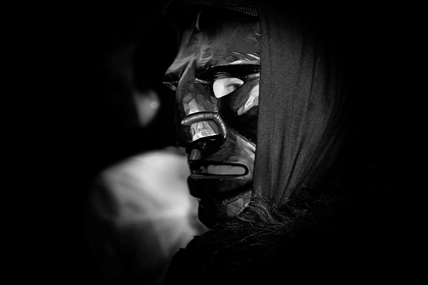 Traditional Sardinian Mamuthone mask in black and white, Mamoiada carnival traditions