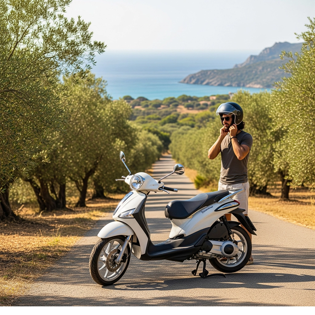 Ein Mann setzt seinen Helm auf, während er neben einem weißen Roller auf einer malerischen Straße in Nordsardinien steht