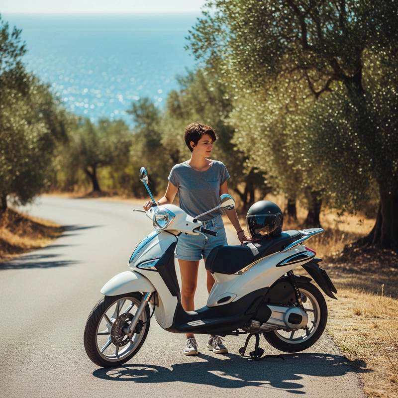 Femme avec son scooter sur une route côtière
