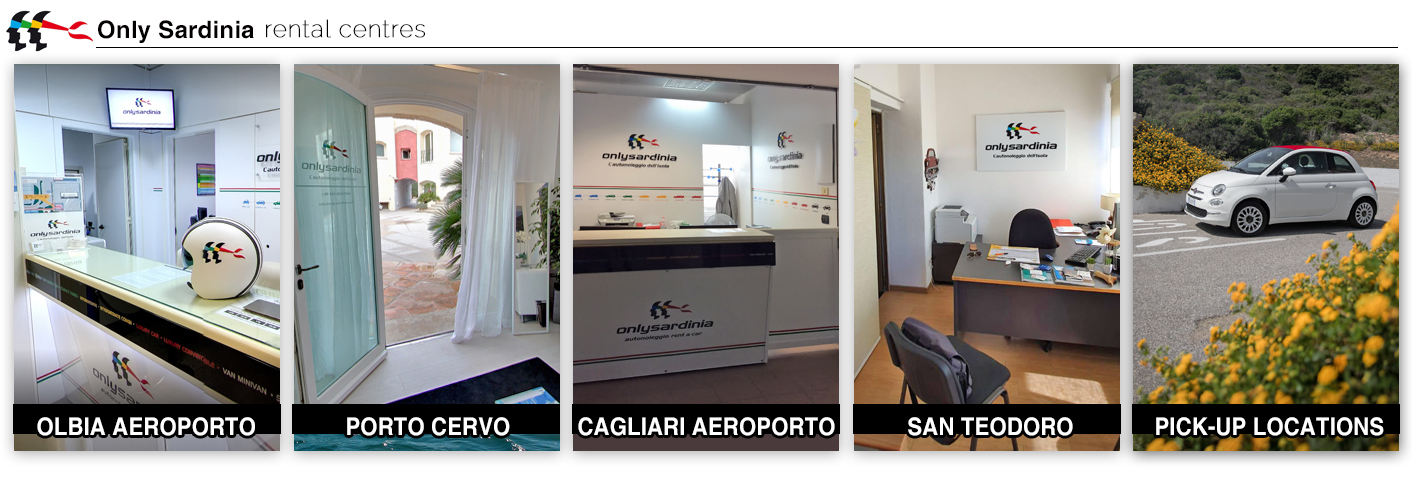Anteprime fotografiche degli uffici di Only Sardinia Autonoleggio. Il primo è quello di Olbia, secondo Porto Cervo, terzo Cagliari. Quarto indica le pick-up location con immagine di una Fiat 500 cabrio.